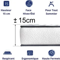 Matelas Mousse 90x190 New York, Ferme, Réversible, Côté Été/hiver, H15 Cm