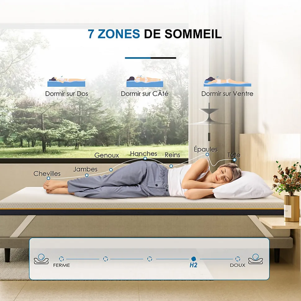 Matelas, épaisseur 180 x 200 x 7,5 cm, mousse à mémoire de forme, ergonomique, lavable, antiallergique
