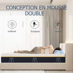 Matelas pour adulte 90 x 200 cm, épaisseur 21 cm (mousse à mémoire de forme + fibres de charbon de bambou)