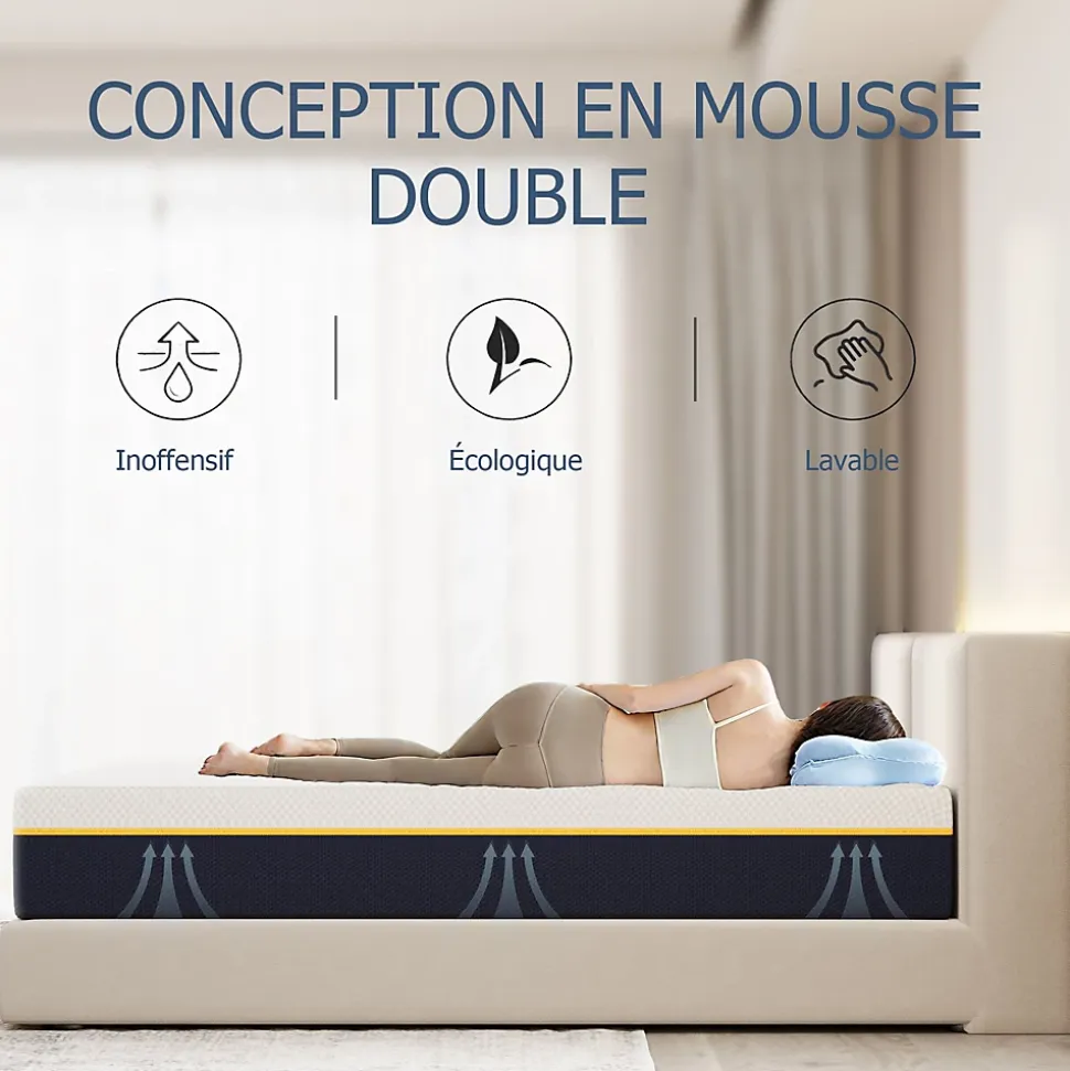 Matelas pour adulte 90 x 200 cm, épaisseur 21 cm (mousse à mémoire de forme + fibres de charbon de bambou)