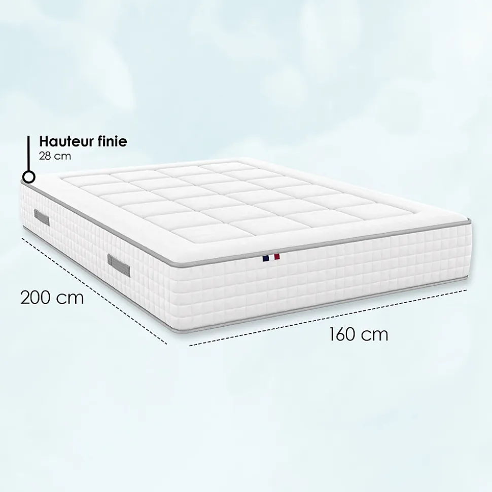 Matelas ressort 1600x2000 cm id literie soutien ferme accueil souple 7 zones epaisseur 30 cm protege-matelas