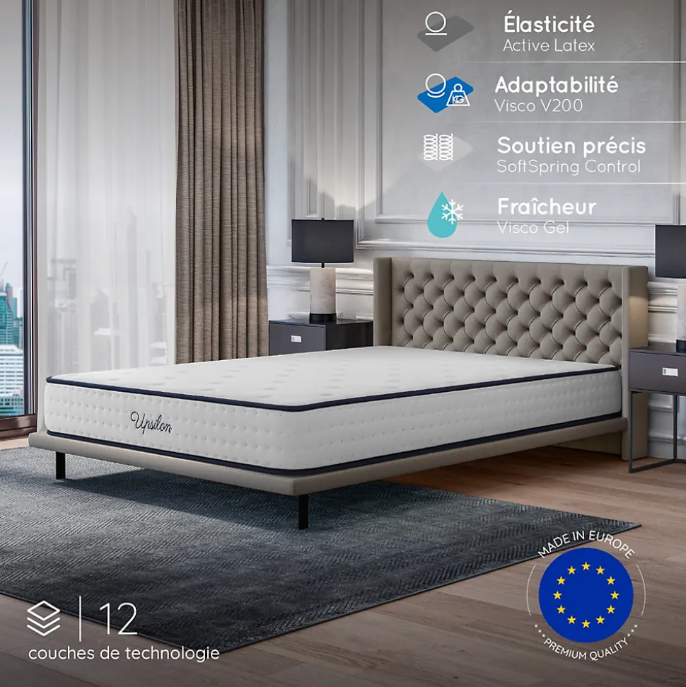 Matelas ressorts - 180x200 - 24 cm - Hybride - Blue Latex - Couchage Indépendant - Confort Mi-Ferme - Réversible - Upsilon