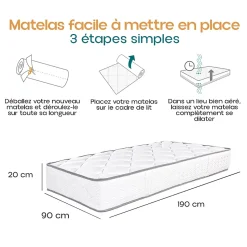 Matelas RONA 90x190 cm, réversible en mousse Memosoft100 à mémoire de forme et indépendance du couchage, épaisseur 20cm