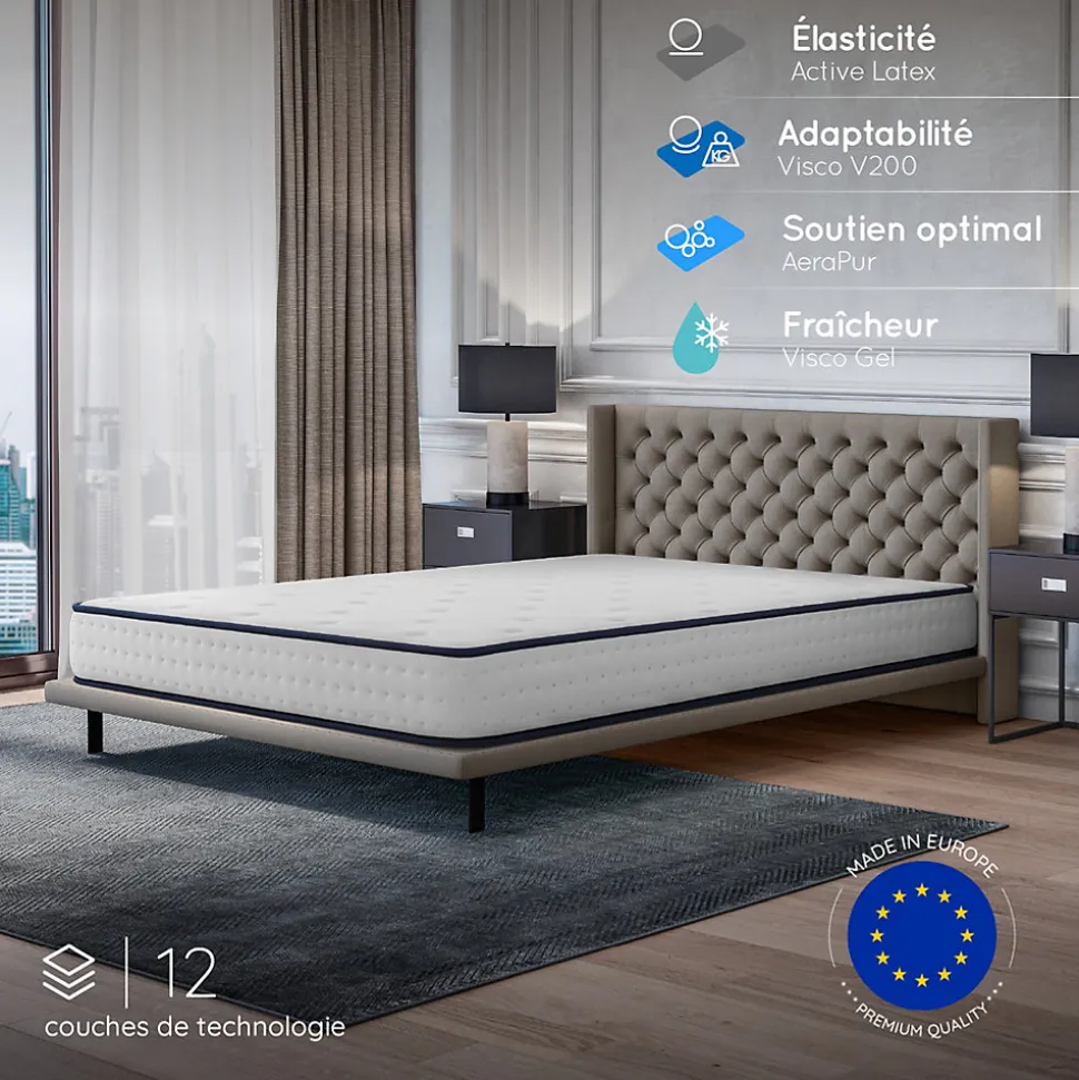 Matelas 140x190 - 21 cm - Mousse mémoire de forme - Blue Latex - Confort Équilibré - 7 zones - Réversible - Durable - Upsilon