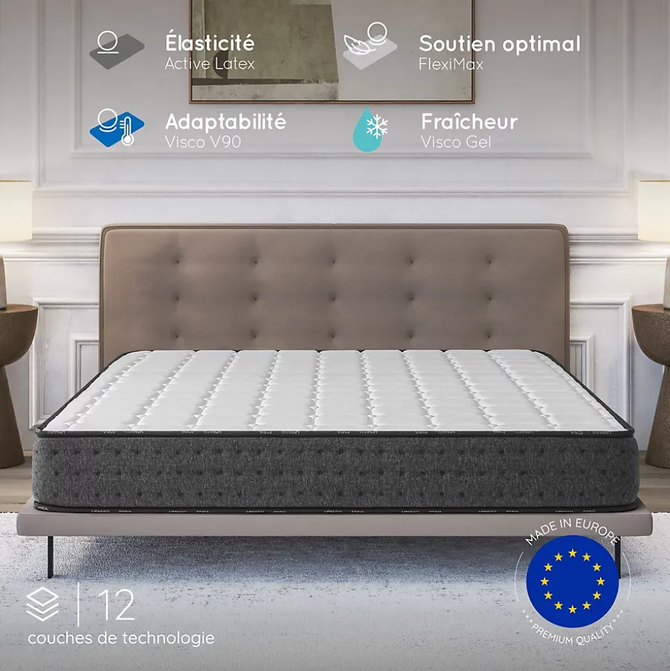 Matelas 140x190 + 2 Oreillers 60x60 Offerts - Épais 21 cm - Mousse - Blue Latex - 7 zones de soutien - Réversible - Equinox
