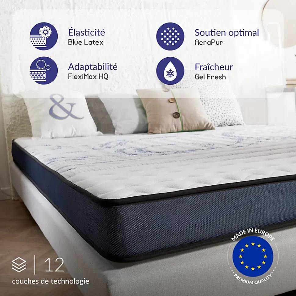 Matelas 140x190 à mémoire de forme - Épaisseur 15 cm - Blue Latex - 7 zones de confort - Hypoallergénique - Perfect Dream