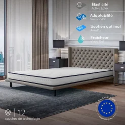 Matelas 140x190 - Mousse mémoire de forme - Blue Latex - Confort Équilibré - 7 zones - Réversible - Durable - Upsilon