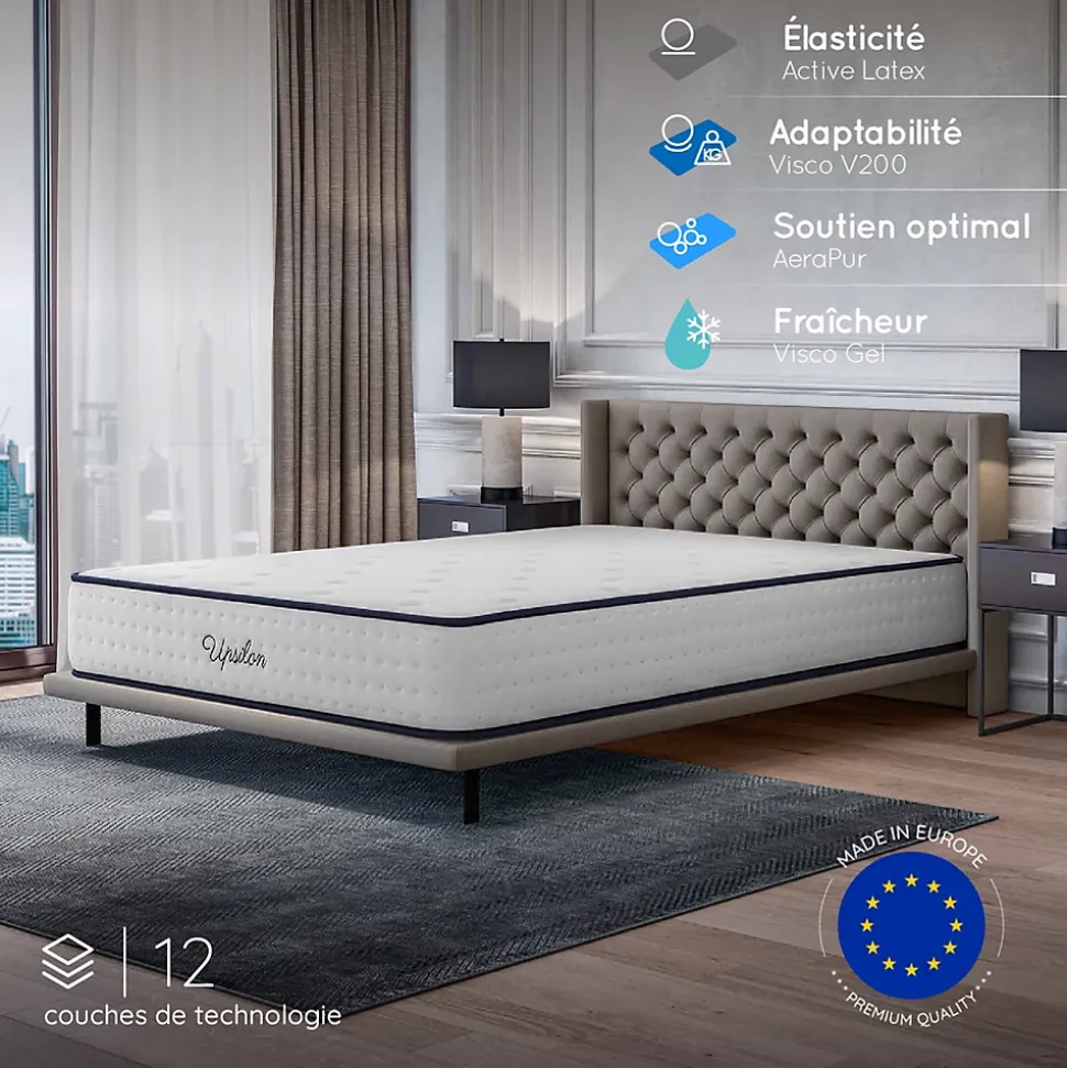 Matelas 180x200 - Épais 30 cm - Mousse mémoire de forme - Blue Latex - Confort Ferme - 7 zones - Réversible - Durable - Upsilon