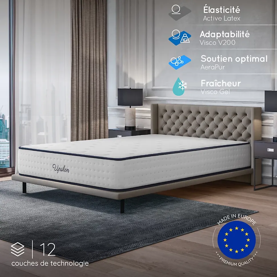 Matelas 140x200 - Épais 32 cm - Mousse mémoire de forme - Blue Latex - Confort Ferme - 7 zones - Réversible - Durable - Upsilon