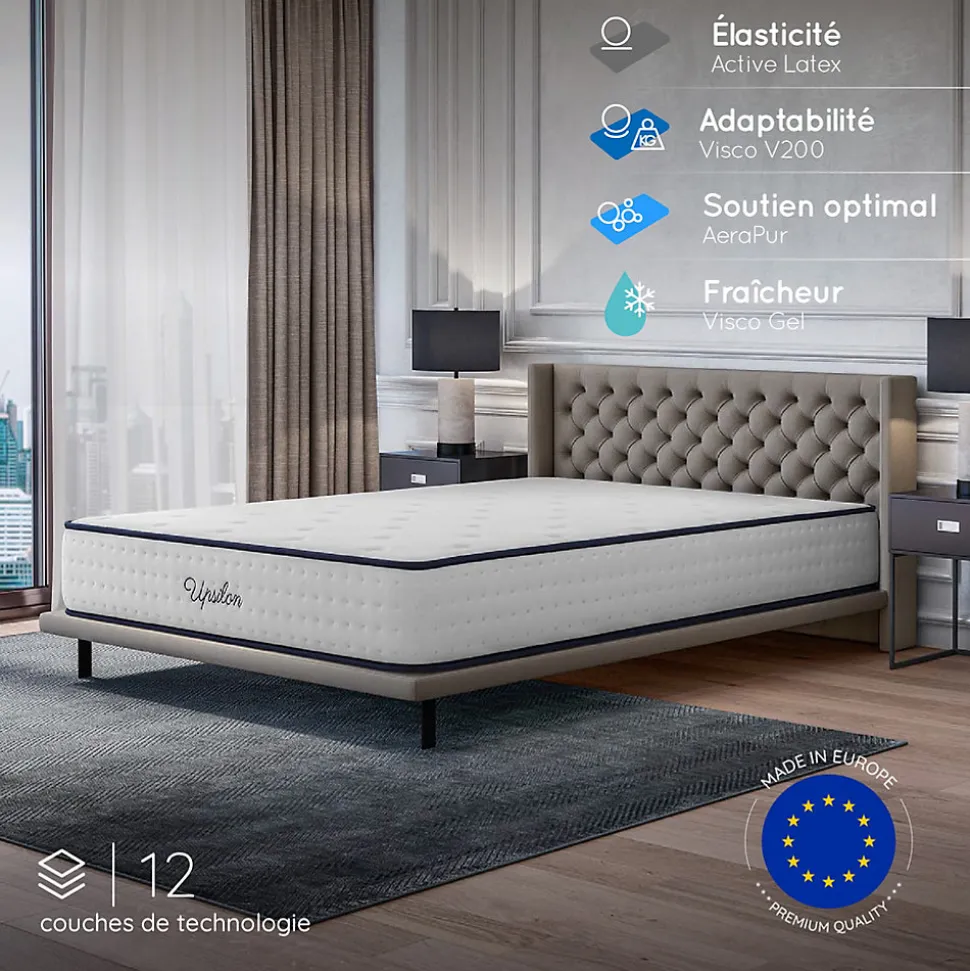 Matelas 160x200 - Épais 30 cm - Mousse mémoire de forme - Blue Latex - Confort Ferme - 7 zones - Réversible - Durable - Upsilon