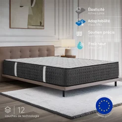 Matelas 160x200 Hybride - Mousse HR - Ressorts ensachés - 30 cm - Réversible - Couchage Indépendant - Blue Latex 7 zones - Equinox