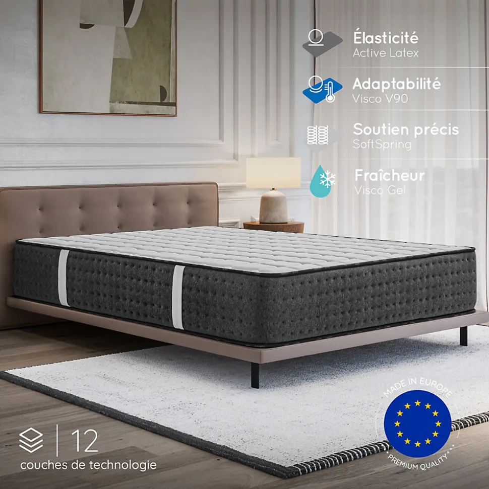 Matelas 140x190 Hybride - Mousse HR - Ressorts ensachés - 30 cm - Réversible - Couchage Indépendant - Blue Latex 7 zones - Equinox