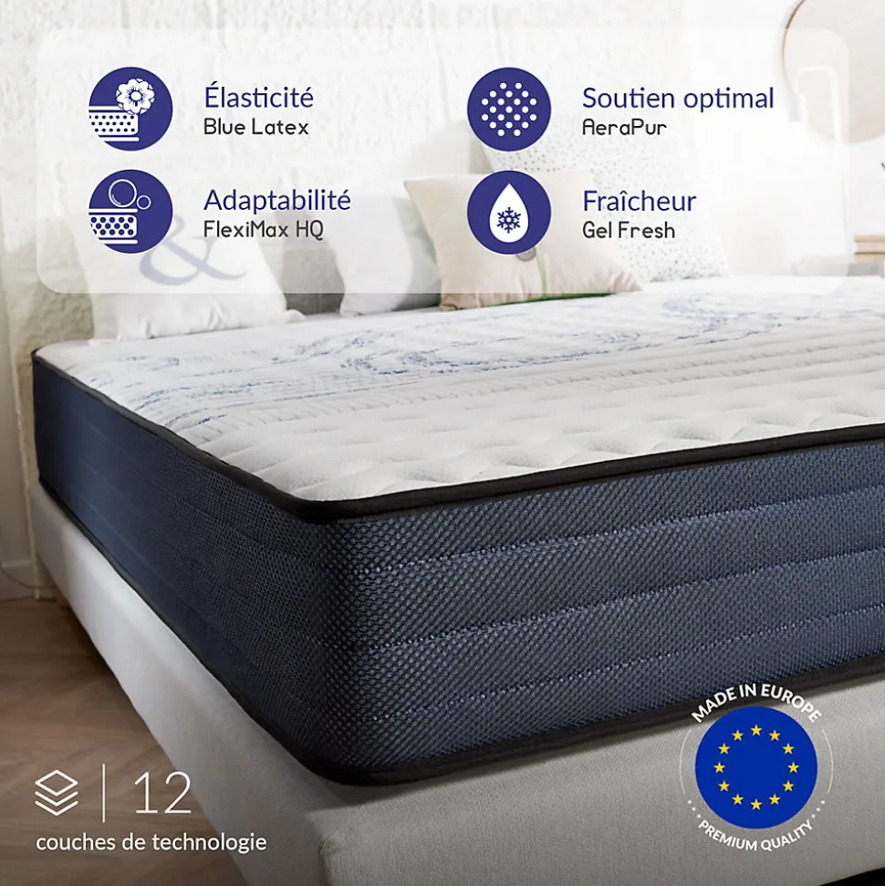 Matelas 160x200 mémoire de forme - Épaisseur 21 cm - Blue Latex - 7 zones de confort - Hypoallergénique - Durable - Perfect Dream
