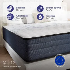 Matelas 140x200 mémoire de forme - Épaisseur 24 cm - Blue Latex - 7 zones - Hypoallergénique - Mi-Ferme - Durable - Perfect Dream