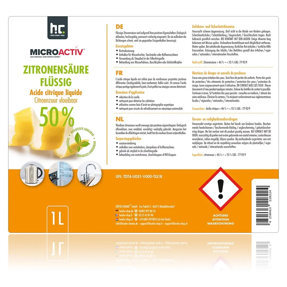 Microactiv Acide Citrique Liquide 50% Détartrant Polyvalent 1 x 12 L, Et Économique