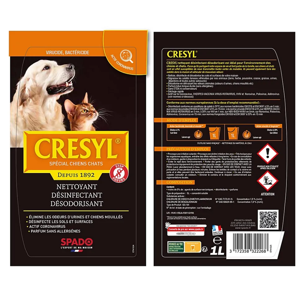 Nettoyant désinfectant désodorisant spécial chiens et chats Crésyl Spado 1L