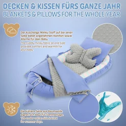 Nid d'ange bébés Joyz 90x50 cm bleu motif baleine en coton avec coussin de sommeil oreiller papillon