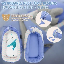 Nid d'ange bébés Joyz 90x50 cm bleu motif baleine en coton avec coussin de sommeil oreiller papillon