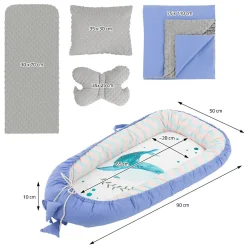Nid d'ange bébés Joyz 90x50 cm bleu motif baleine en coton avec coussin de sommeil oreiller papillon