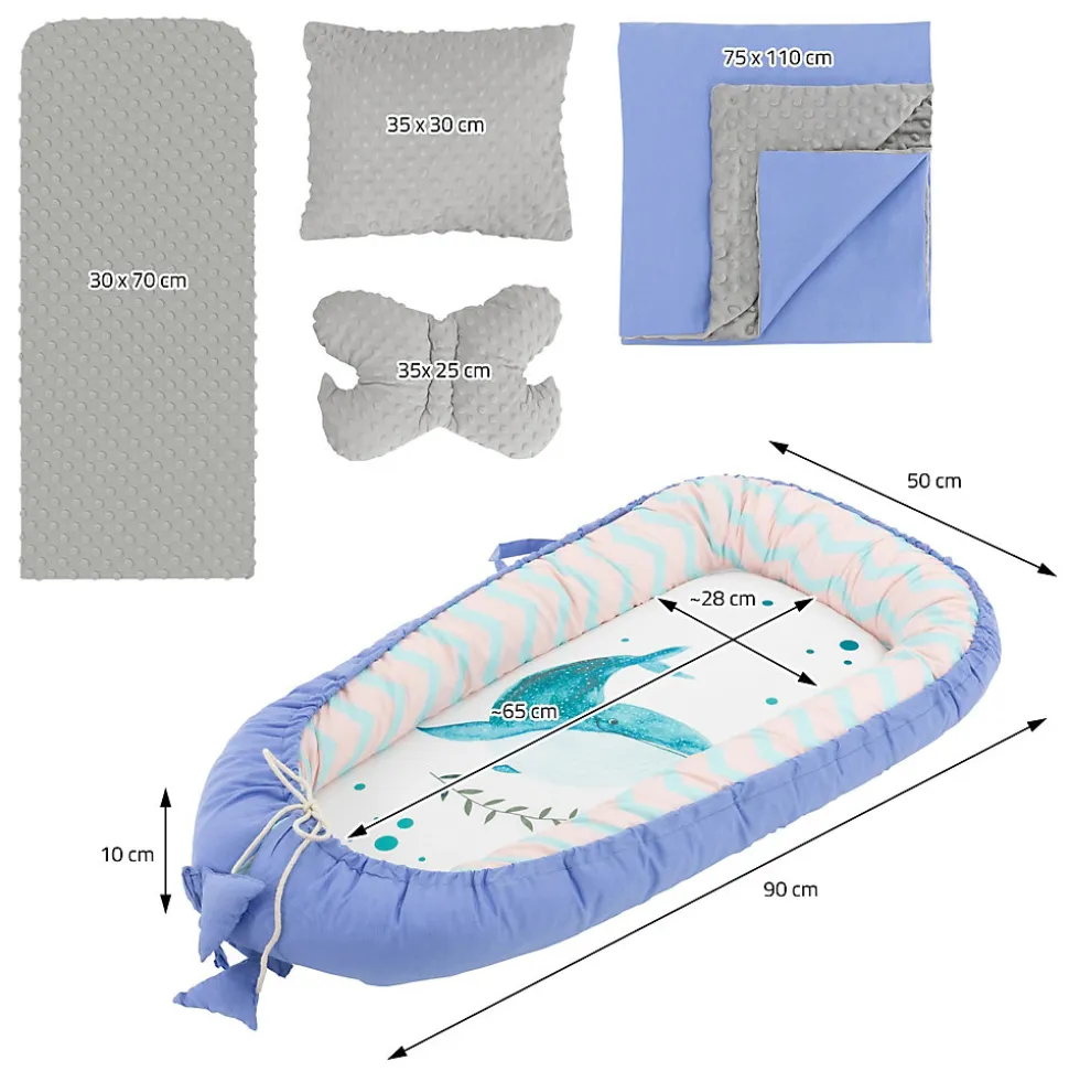 Nid d'ange bébés Joyz 90x50 cm bleu motif baleine en coton avec coussin de sommeil oreiller papillon
