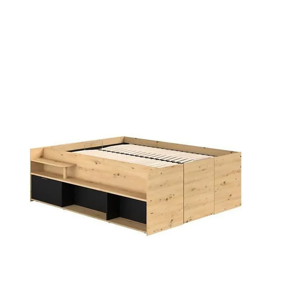 ODYSSEE Lit adulte - 140x200 cm - Avec coffre relevable - Décor chene et noir - L 166,2 x 66,5 x 205,8 cm
