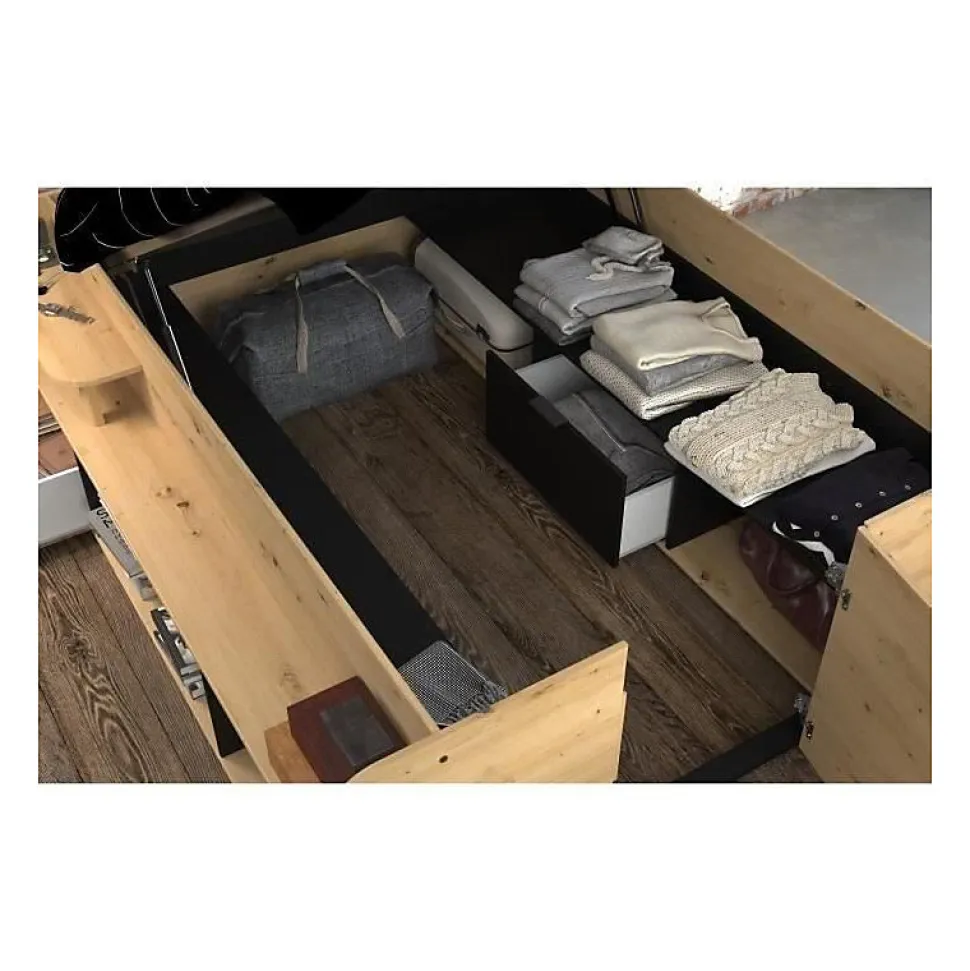 ODYSSEE Lit adulte - 140x200 cm - Avec coffre relevable - Décor chene et noir - L 166,2 x 66,5 x 205,8 cm