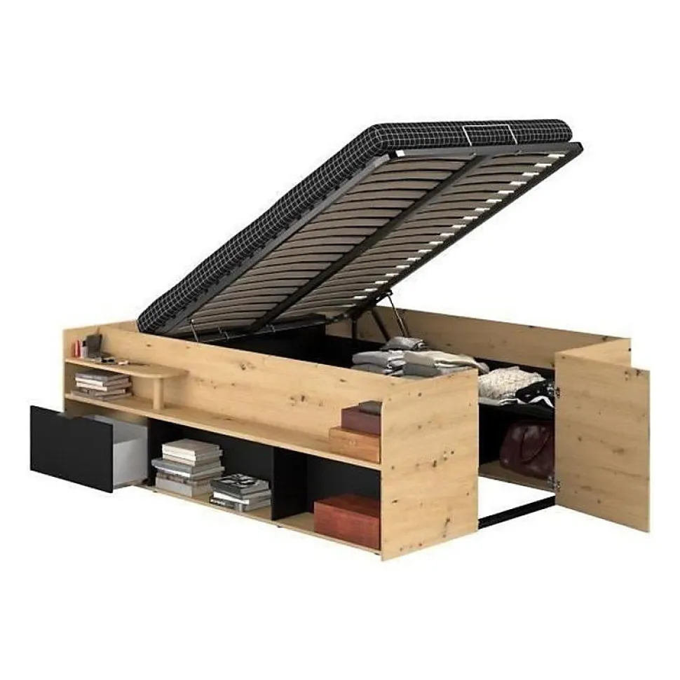 ODYSSEE Lit adulte - 140x200 cm - Avec coffre relevable - Décor chene et noir - L 166,2 x 66,5 x 205,8 cm
