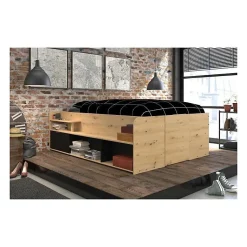 ODYSSEE Lit adulte - 140x200 cm - Avec coffre relevable - Décor chene et noir - L 166,2 x 66,5 x 205,8 cm