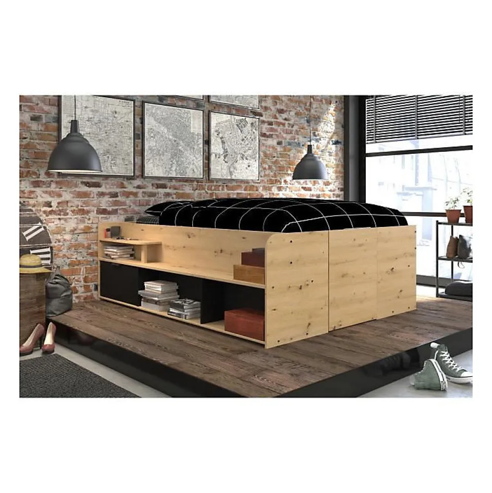 ODYSSEE Lit adulte - 140x200 cm - Avec coffre relevable - Décor chene et noir - L 166,2 x 66,5 x 205,8 cm