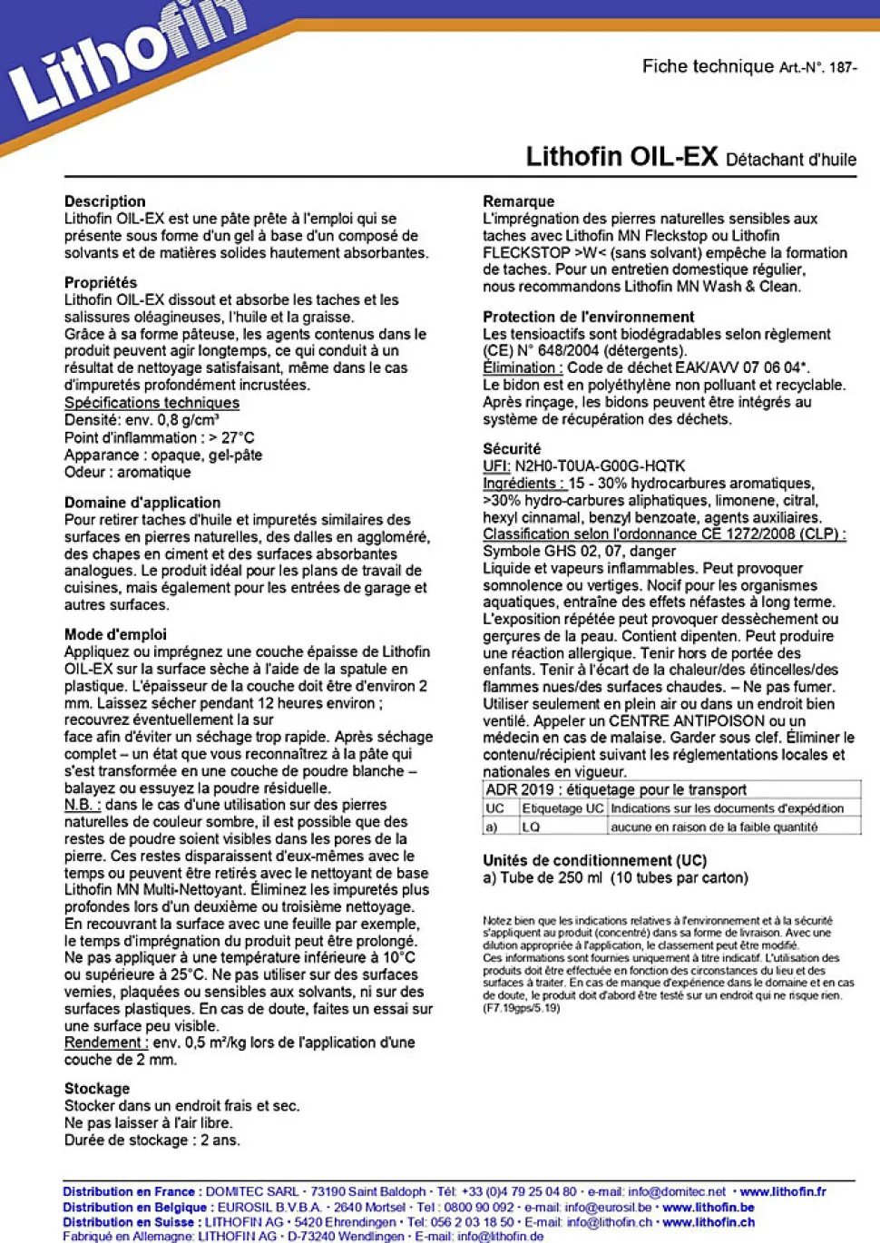 OIL-EX - Nettoyant à base de solvants pour les tâches d'huile incrustées - Lithofin - 250 ml