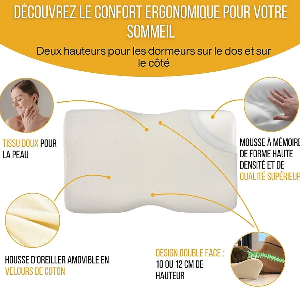 Oreiller ergonomique cervical - deux hauteurs différentes - taie d'oreiller en coton - DUO PREMIUM