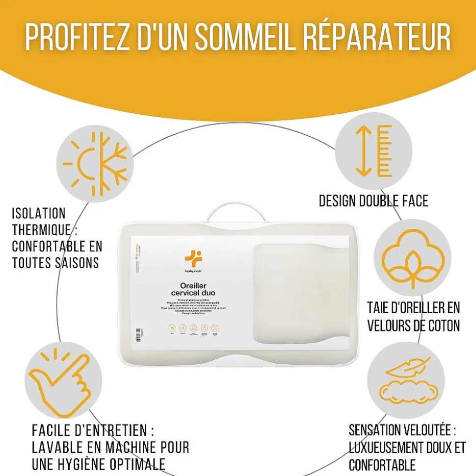 Oreiller ergonomique cervical - deux hauteurs différentes - taie d'oreiller en coton - DUO PREMIUM