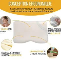Oreiller ergonomique cervical en mousse à mémoire - taie d'oreiller en coton - 54x33x12 - CONFORT PLUS