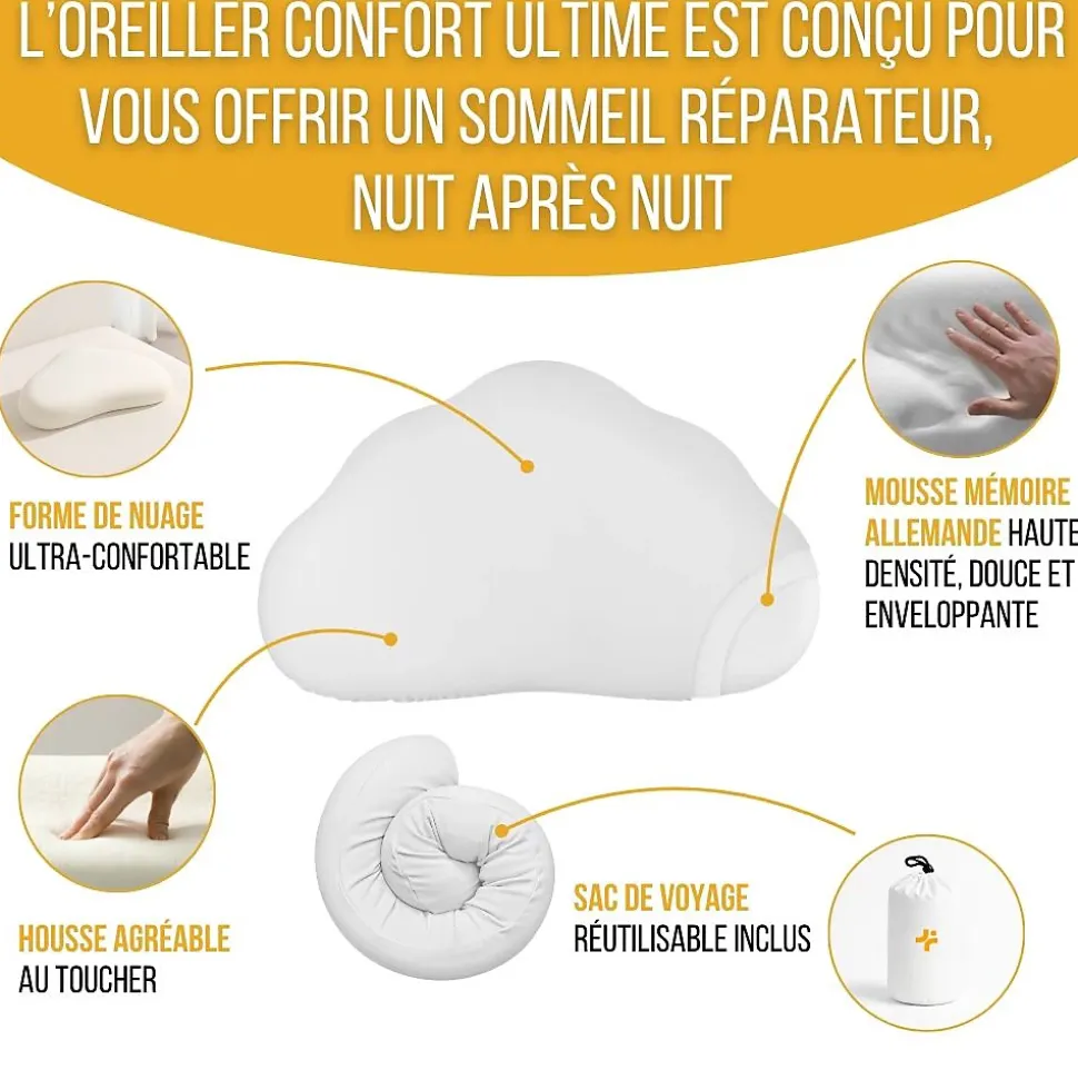 Oreiller ergonomique en forme de nuage - mousse à mémoire de forme - 57x35x12 - INPHYSIO