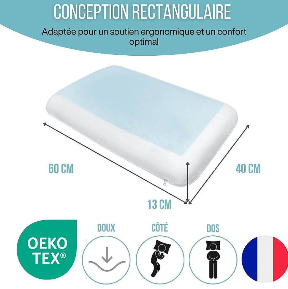Oreiller gel rafraîchissant rectangulaire double face, ergonomique, mémoire de forme, 60x40 cm