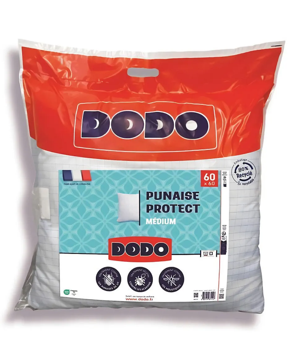 Oreiller médium DODO 60x60 cm - Protection anti punaise, anti acarien - 550 gr - Blanc - Fabriqué en France