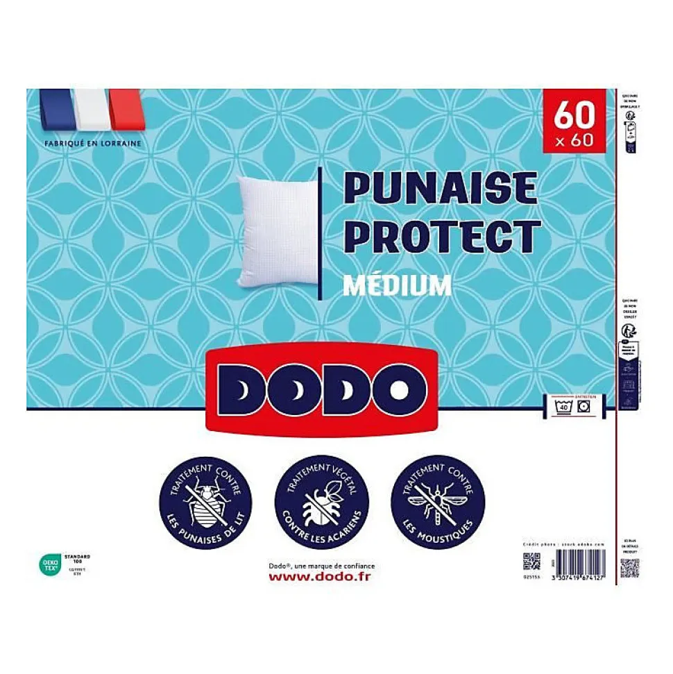 Oreiller médium DODO 60x60 cm - Protection anti punaise, anti acarien - 550 gr - Blanc - Fabriqué en France