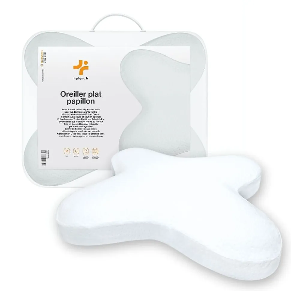 Oreiller papillon plat mémoire de forme, profil bas 10 cm, multiposition, taie coton, 56x46 cm