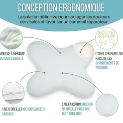Oreiller papillon plat mémoire de forme, profil bas 10 cm, multiposition, taie coton, 56x46 cm