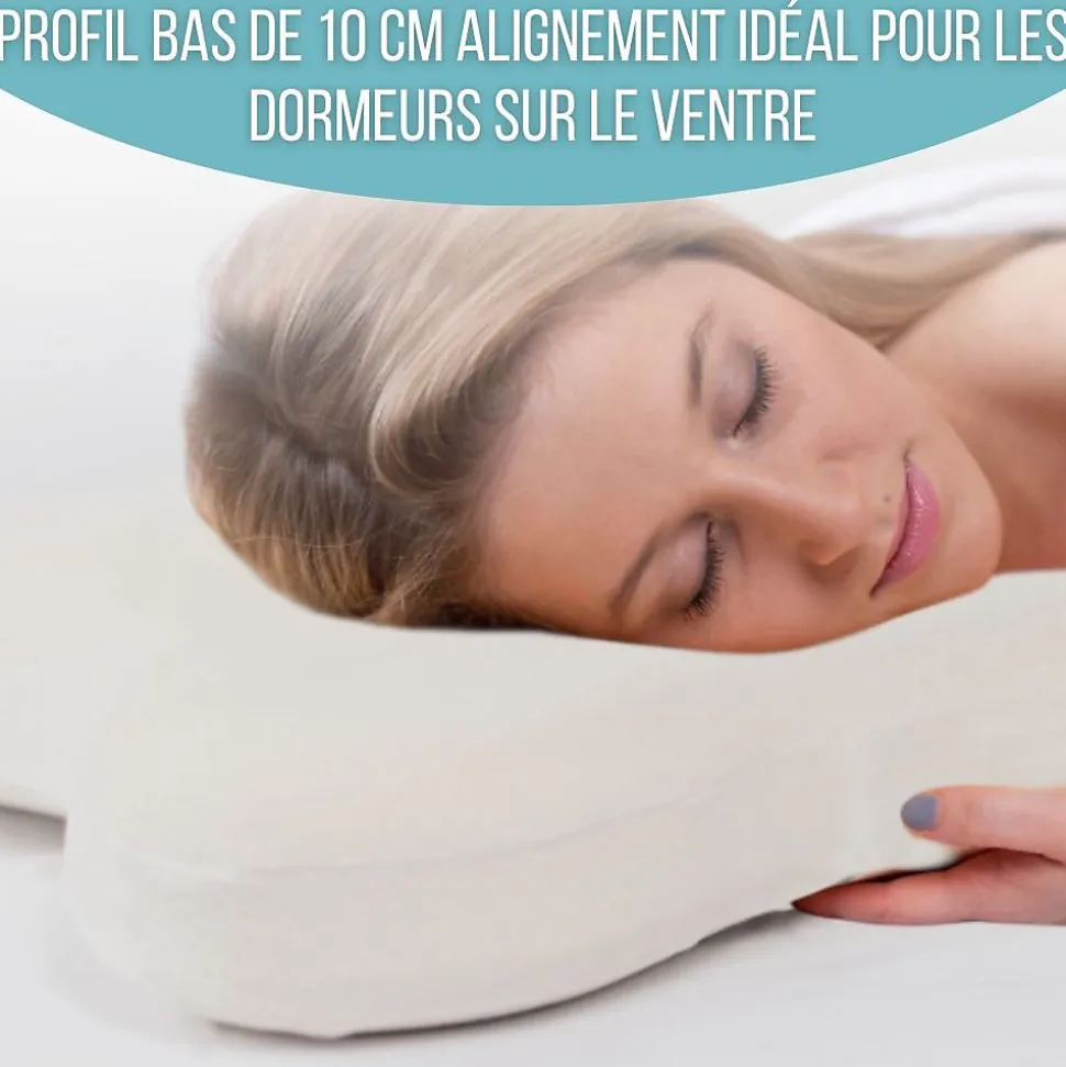 Oreiller papillon plat mémoire de forme, profil bas 10 cm, multiposition, taie coton, 56x46 cm