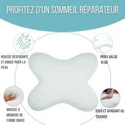 Oreiller papillon plat mémoire de forme, profil bas 10 cm, multiposition, taie coton, 56x46 cm