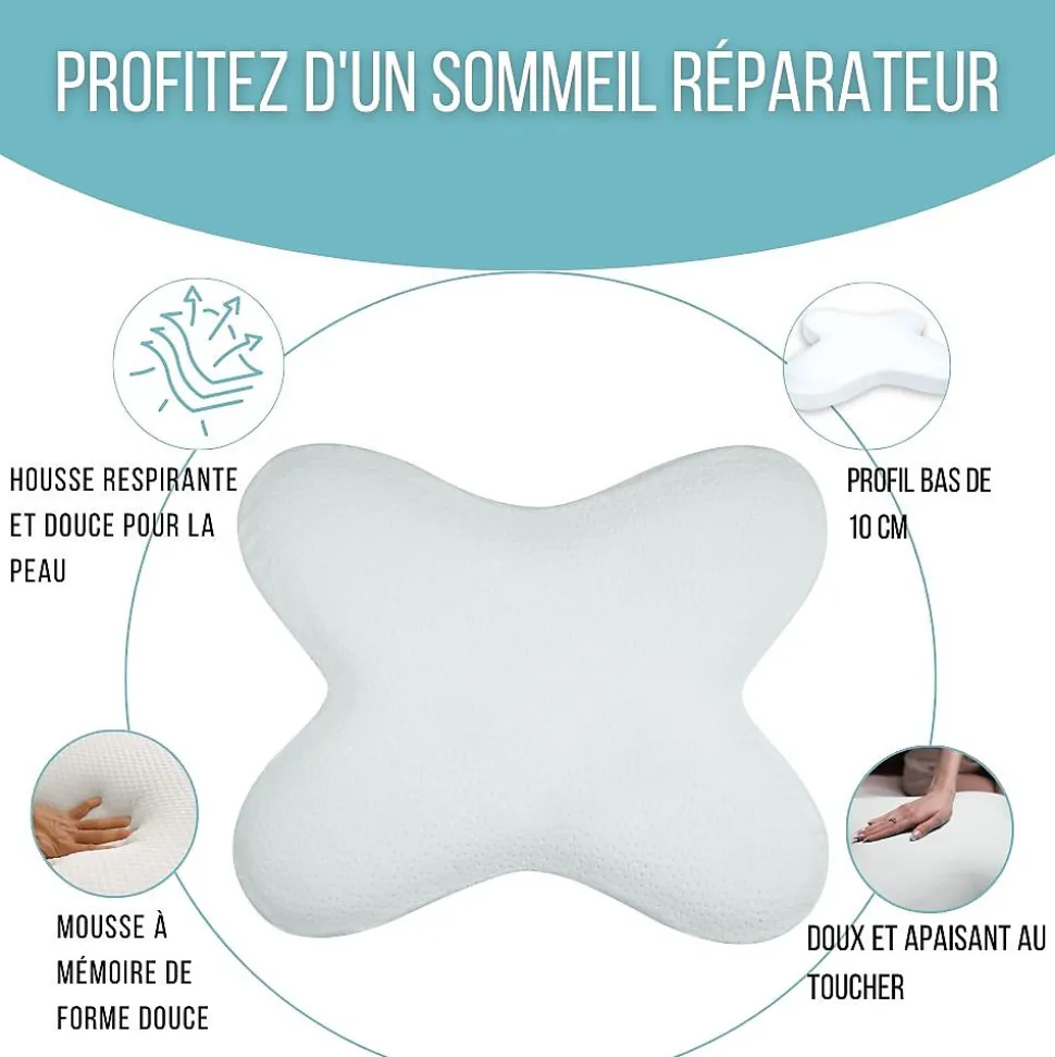 Oreiller papillon plat mémoire de forme, profil bas 10 cm, multiposition, taie coton, 56x46 cm