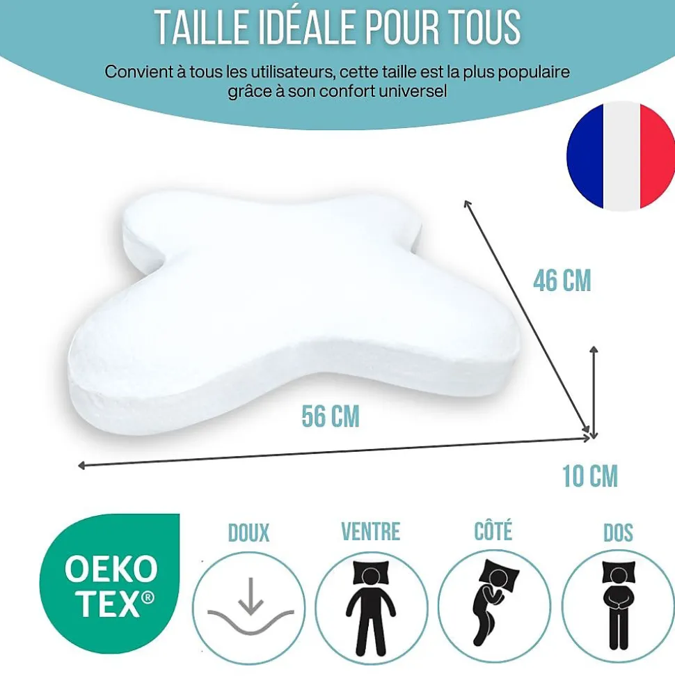 Oreiller papillon plat mémoire de forme, profil bas 10 cm, multiposition, taie coton, 56x46 cm