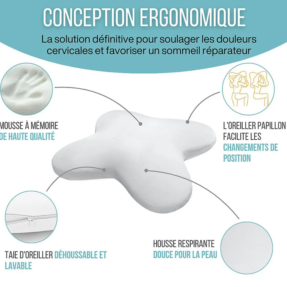 Oreiller papillon rafraîchissant, gel refroidissant, mémoire de forme, 53x43 cm - PURE