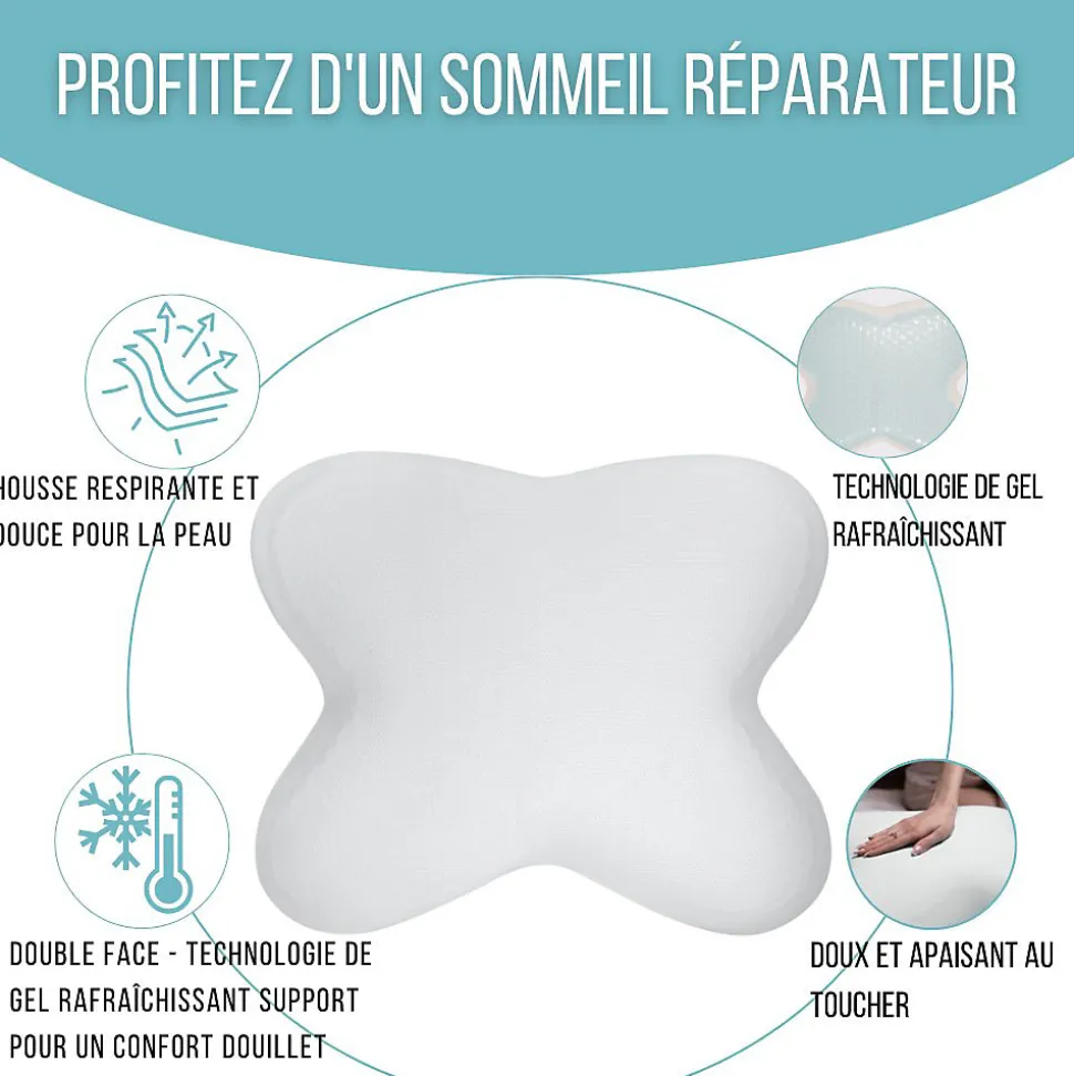 Oreiller papillon rafraîchissant, gel refroidissant, mémoire de forme, 53x43 cm - PURE