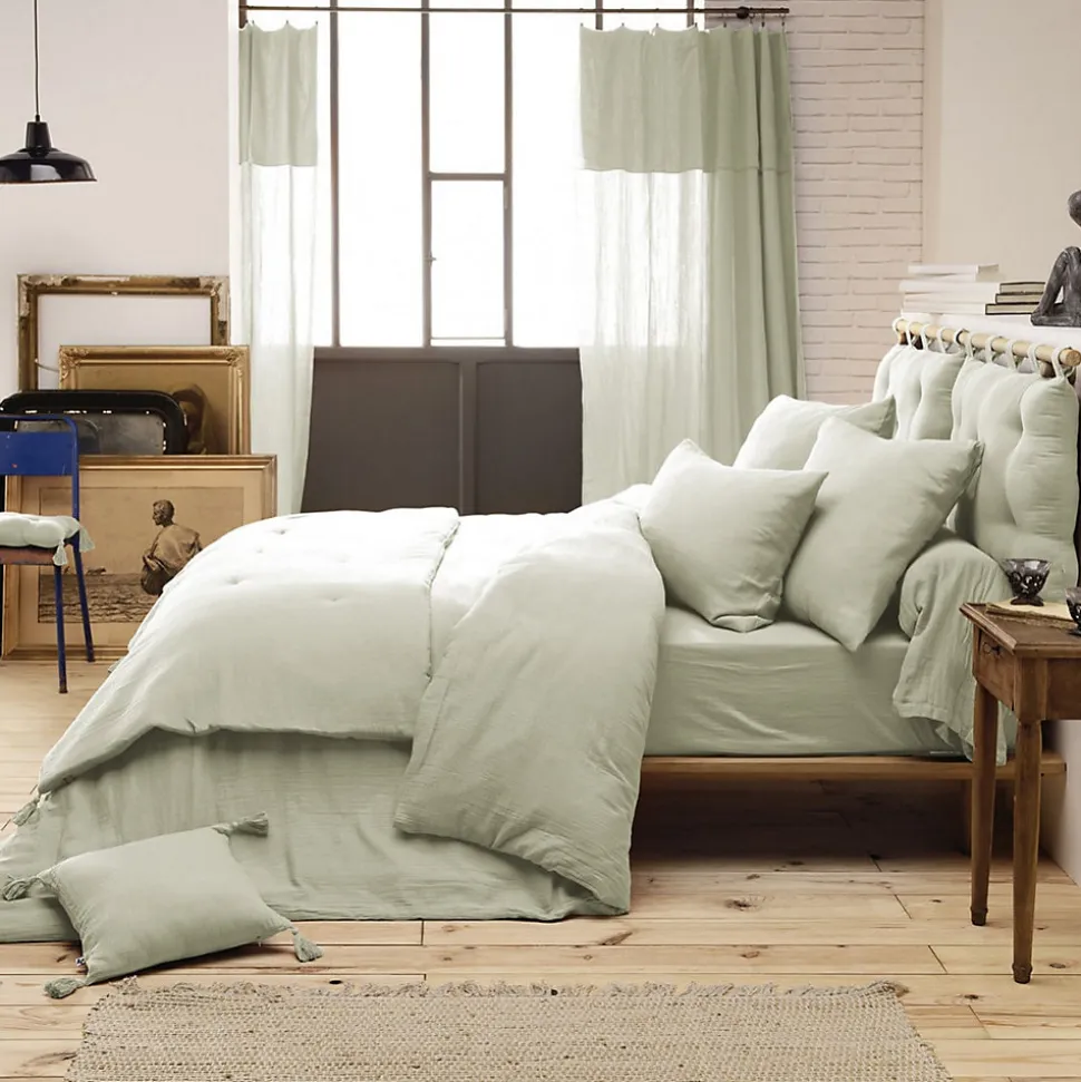 OUREA - Chemin de Lit 90x200cm Capitonné Gaze de Coton Vert d'Eau