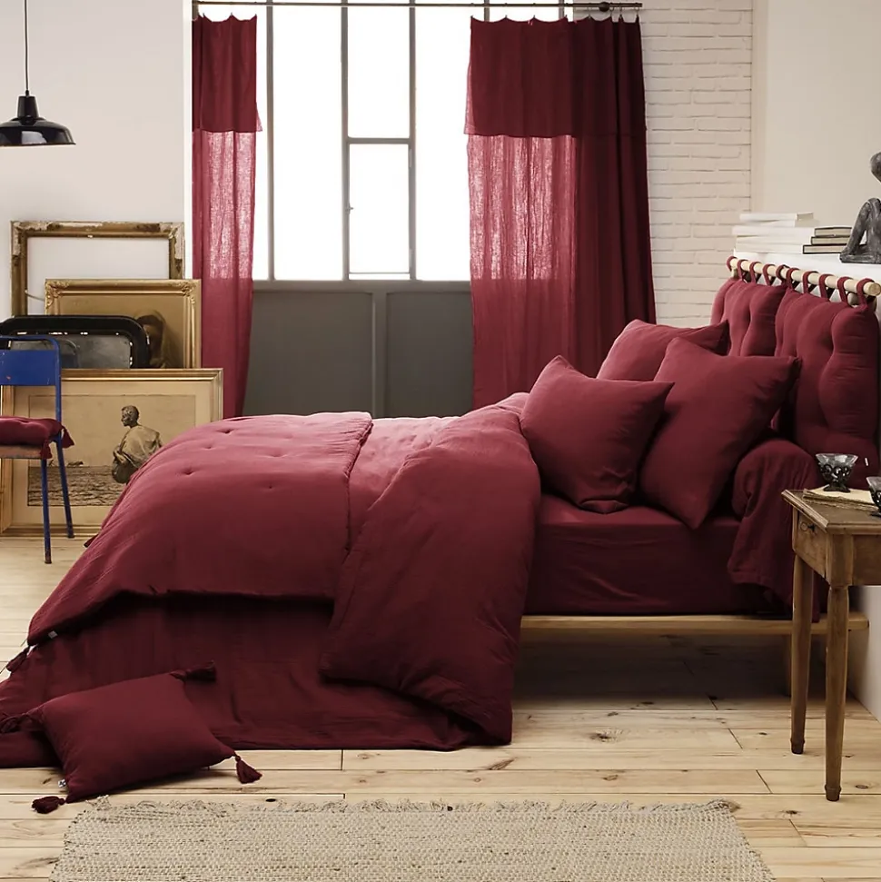 OUREA - Chemin de Lit 90x200cm Capitonné Gaze de Coton Lie de Vin