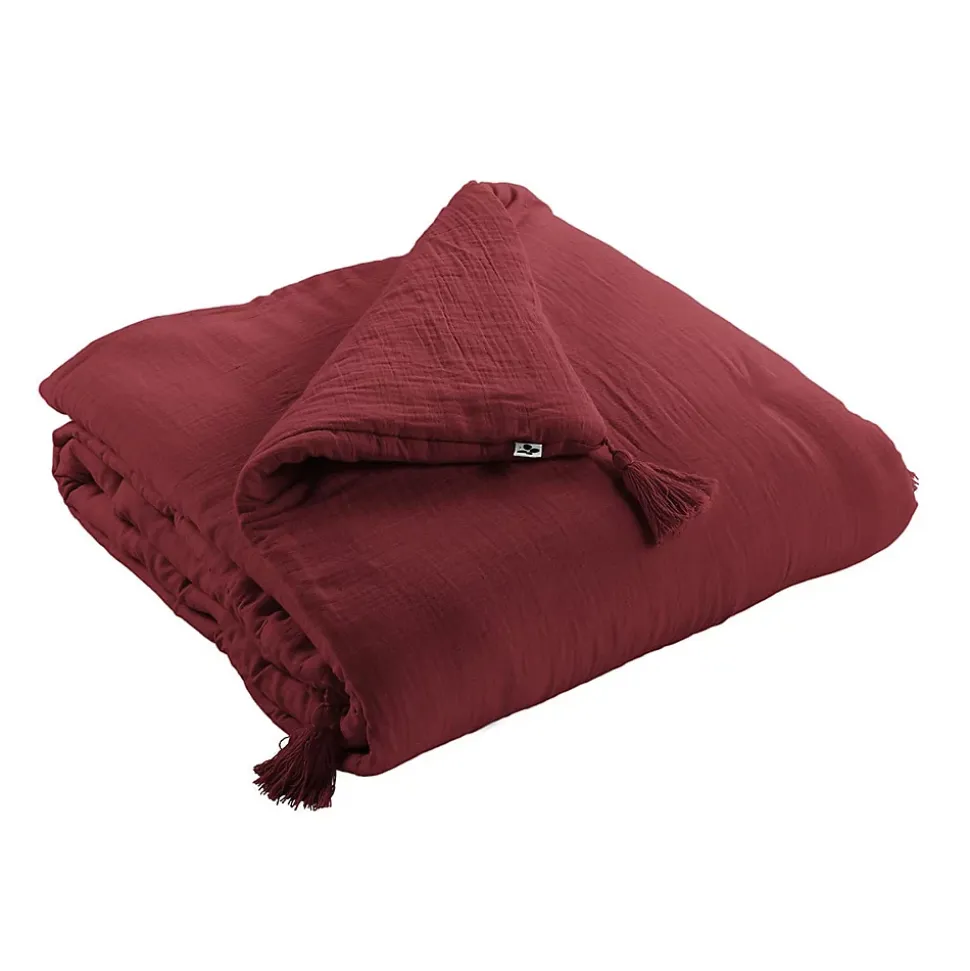 OUREA - Chemin de Lit 90x200cm Capitonné Gaze de Coton Lie de Vin