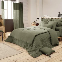 OUREA - Couvre-pied 150x150cm Capitonné Gaze de Coton Romarin Olive