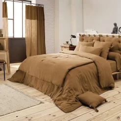 OUREA - Couvre-pied 150x150cm Capitonné Gaze de Coton Camel